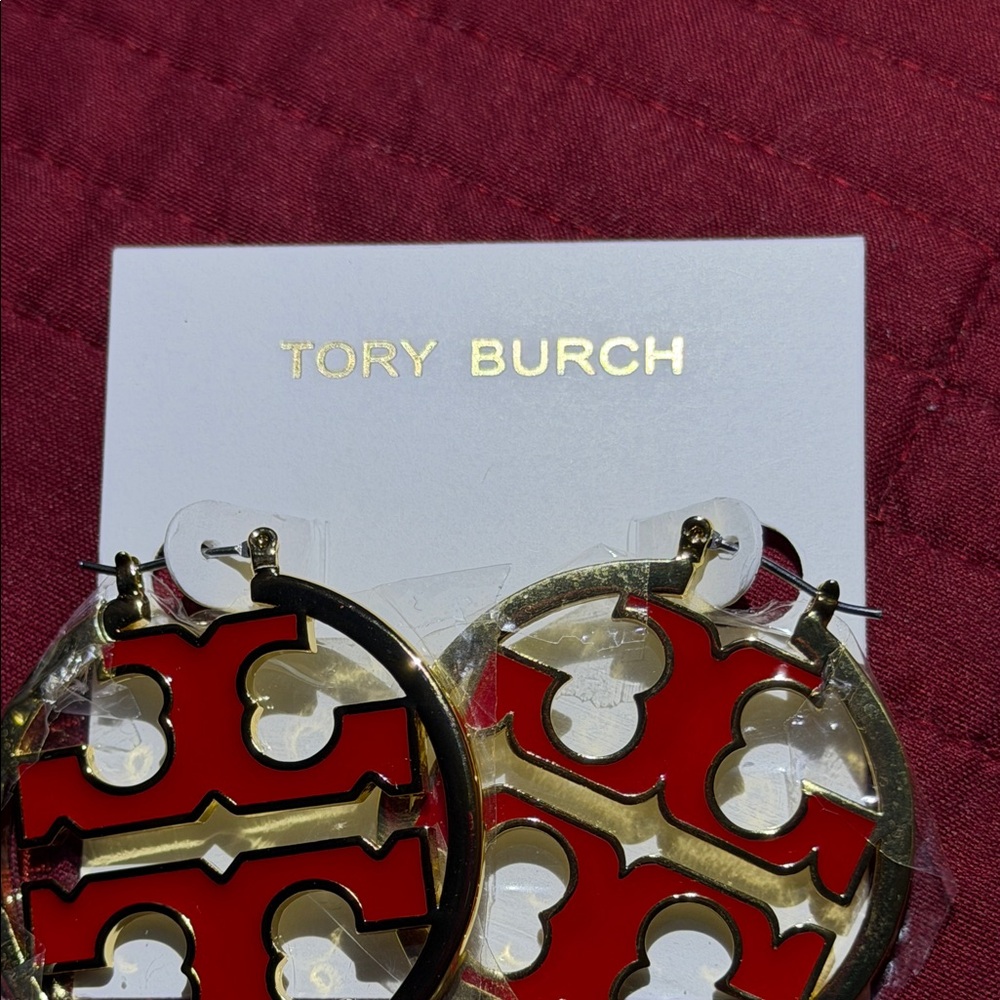 Tory Burch Red and Gold Logo Hoop Earrings - Picture 2 of 2